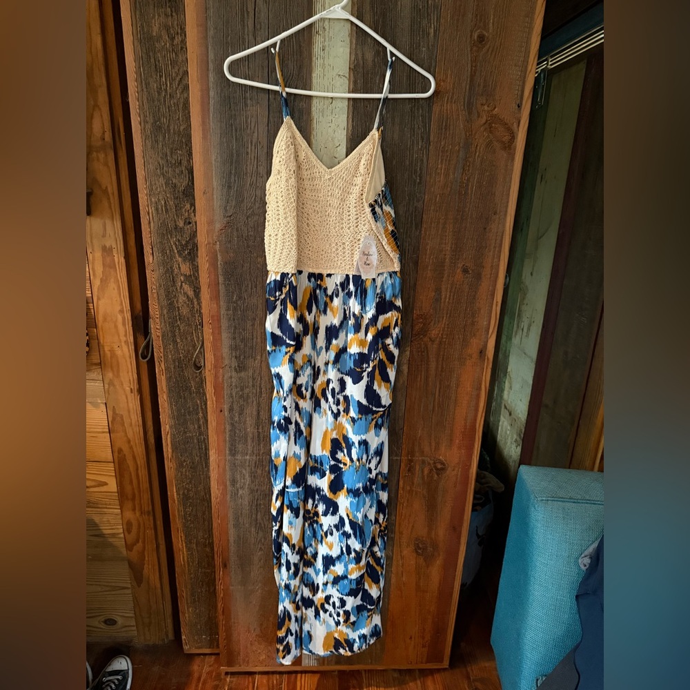 Cream & Blue jumpsuit with Jean Jacket set size Large - Picture 3 of 10